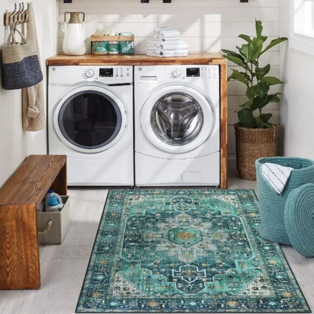 New 3x5 Vintage Washable Rug, Ultra-Thin Non-Slip Boho Medallion Carpet in Teal